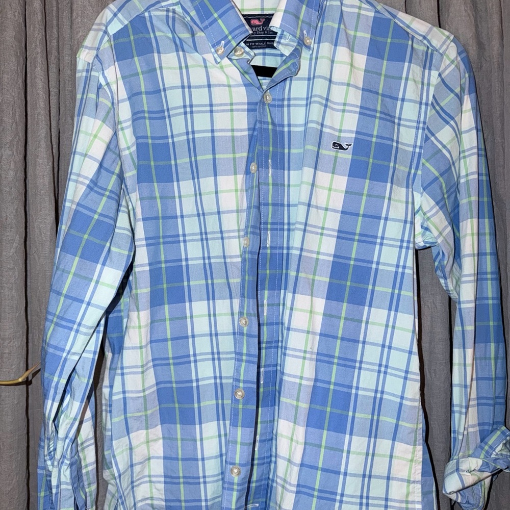 Vineyard Vines Green and Blue Plaid Button Down slim fit whale shirt size s
